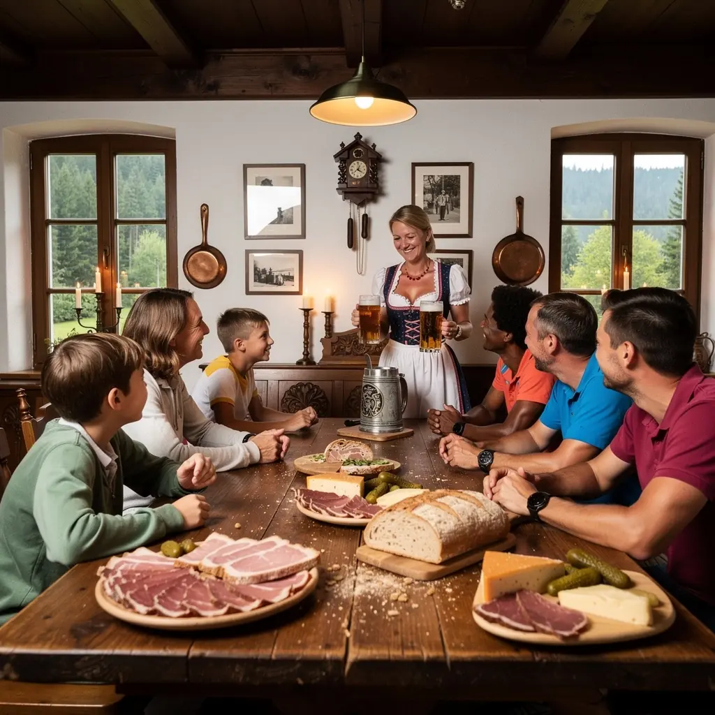 Ein atemberaubender Blick auf ein Schloss, umgeben von üppigen Wäldern und einem klaren Himmel.